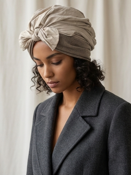 Artisan taupe embroidered textured turban, front view
