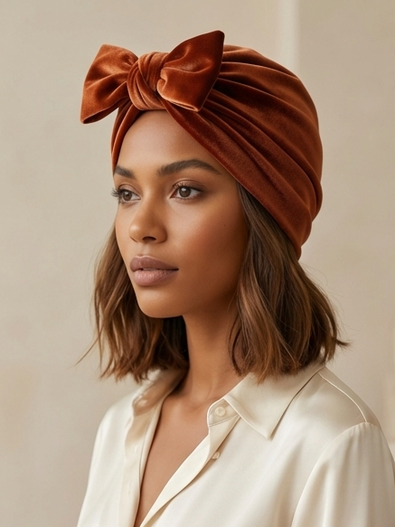 Burnt Orange Luxury Velvet Reversible Turban with Interchangeable Bow