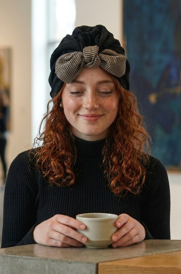 Black reversible turban styled with a houndstooth bow accent