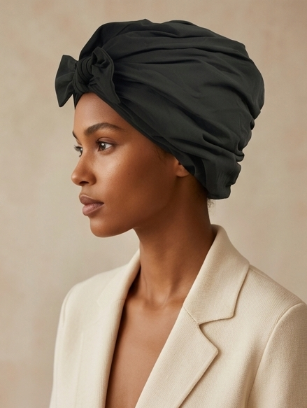 Olive green reversible turban with an adjustable tie, worn as everyday headwear