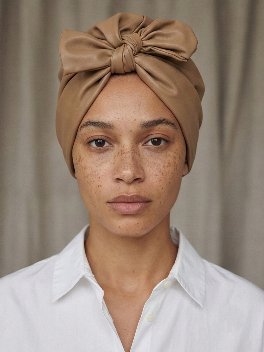 Woman wearing a tan pre-tied turban with a front bow