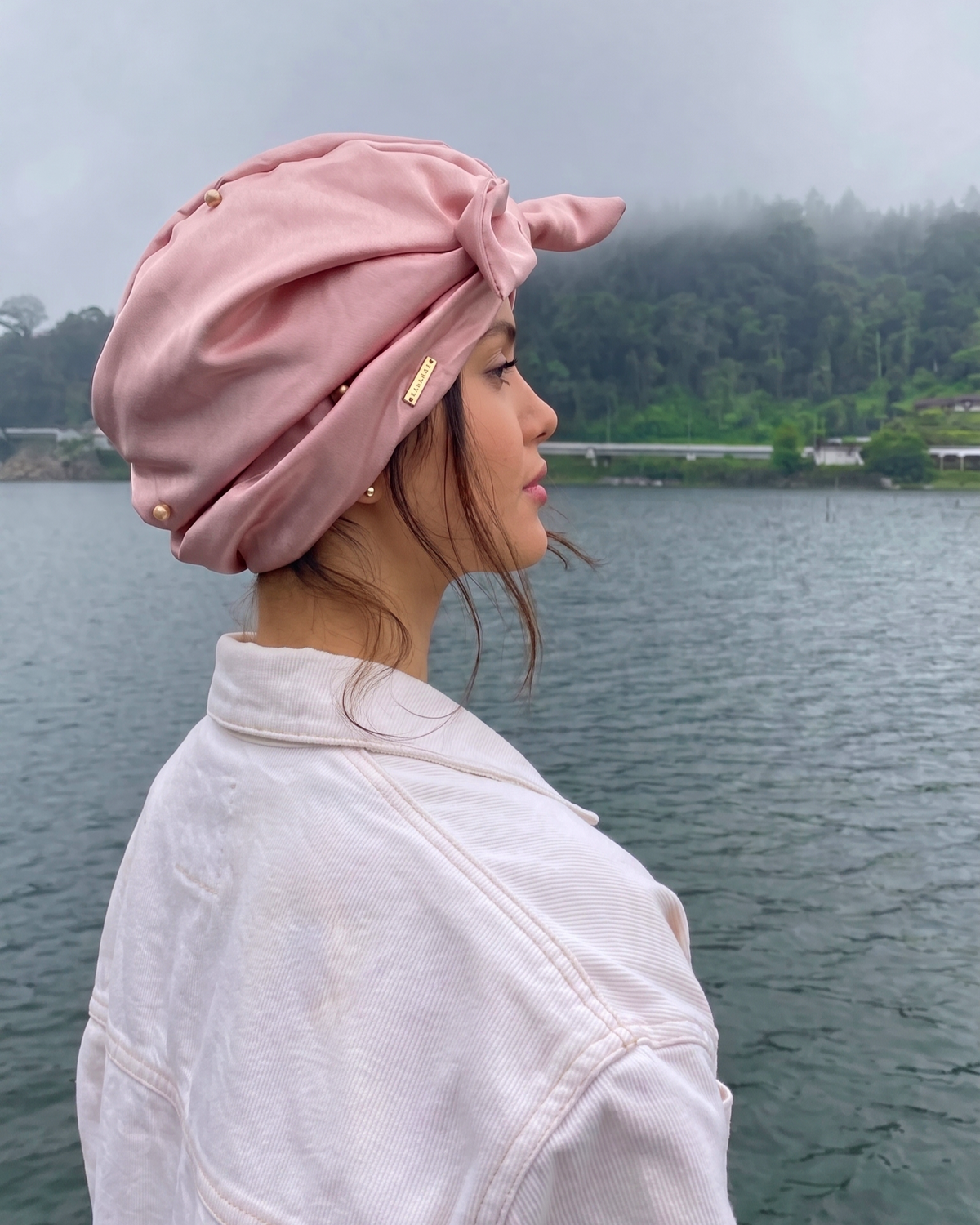Blush pink satin pre-tied turban