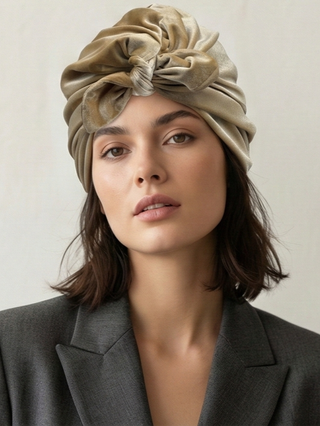 Elegant Champagne Gold Reversible Velvet Turban with Customizable Tie