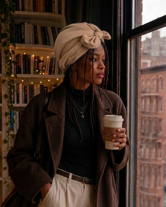 A woman stands by a window wearing a beige knotted headwrap, a brown coat, a black ribbed top, and cream pants, holding a takeaway coffee cup. Bookshelves with warm string lights and a city view are visible in the background.