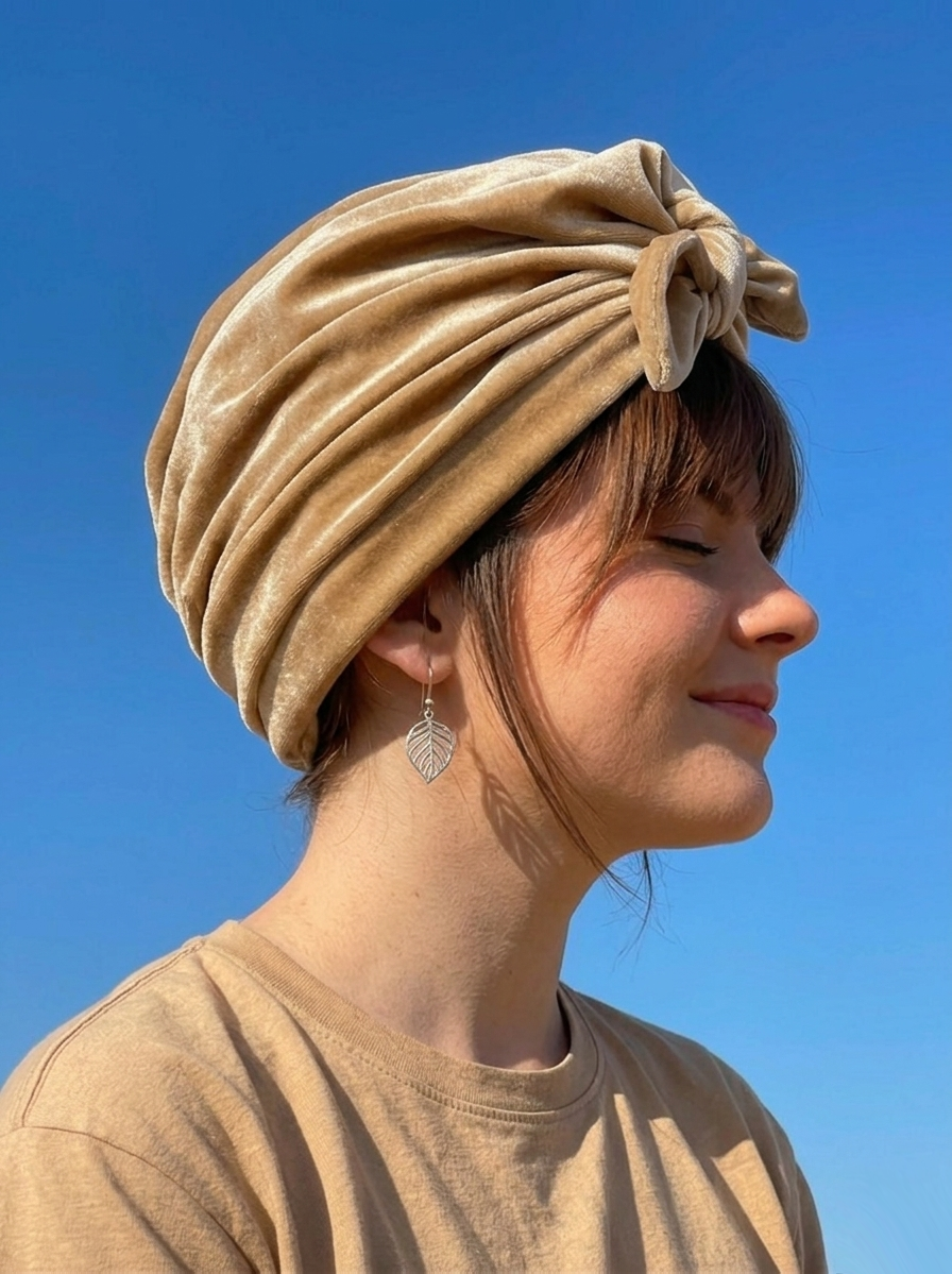 Champagne gold reversible velvet turban shown from the side