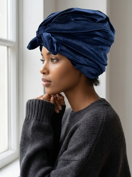 Luxurious Midnight Navy Reversible Velvet Turban with Interchangeable Bow