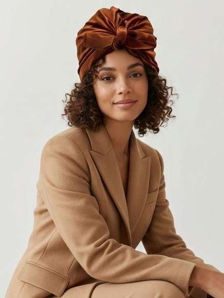 Burnt Orange Luxury Velvet Reversible Turban with Interchangeable Bow
