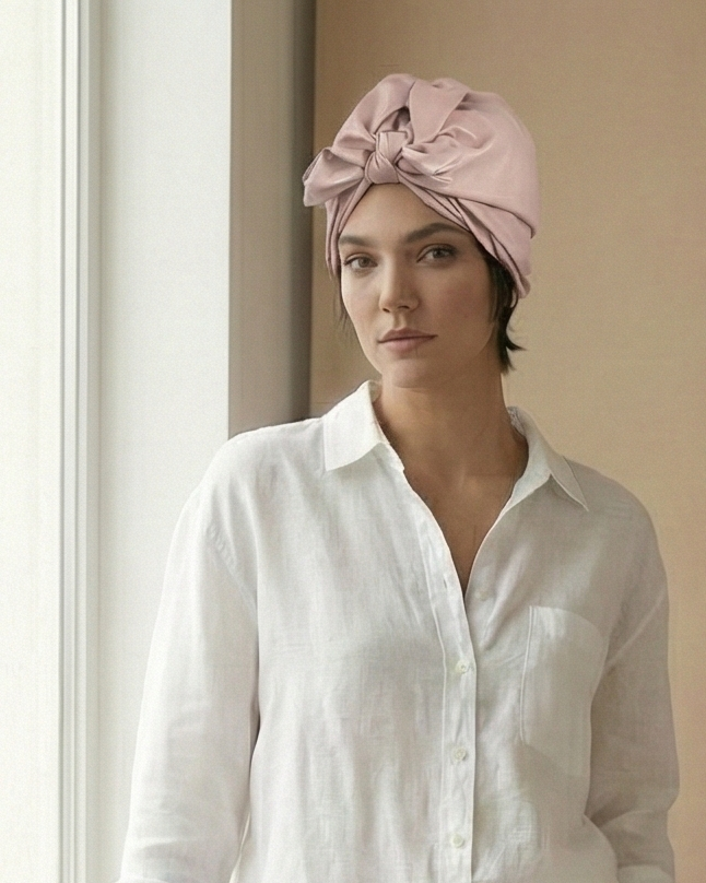 Collage of a woman wearing a pink turban in various outfits against a beige wall.