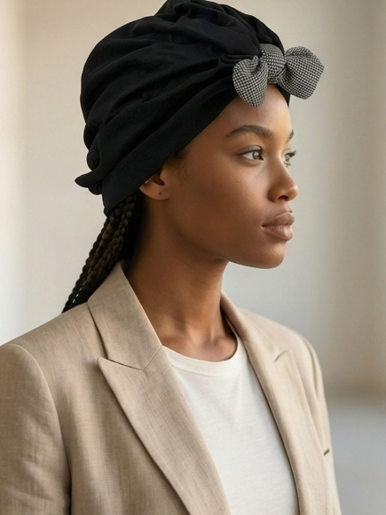 Elegant Black Turban with Houndstooth Bow Accent
