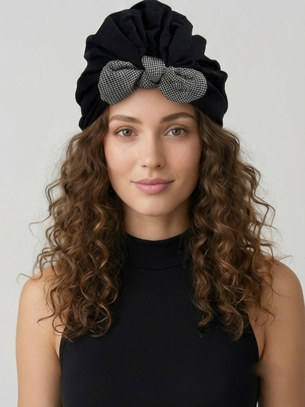 Elegant Black Turban with Houndstooth Bow Accent