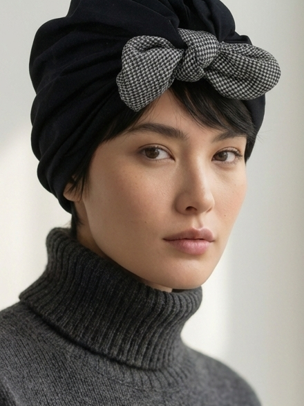 Elegant Black Turban with Houndstooth Bow Accent