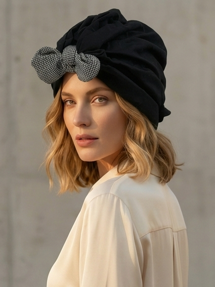 Elegant Black Turban with Houndstooth Bow Accent