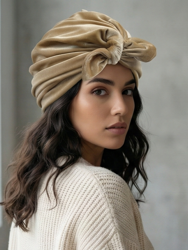 Elegant Champagne Gold Reversible Velvet Turban with Customizable Tie