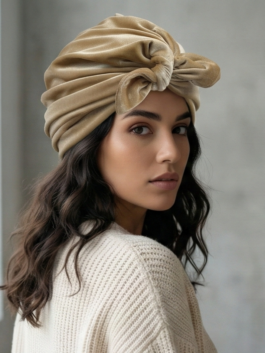 Elegant Champagne Gold Reversible Velvet Turban with Customizable Tie