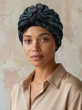 Green Navy Plaid Reversible Women’s Turban with Interchangeable Tie