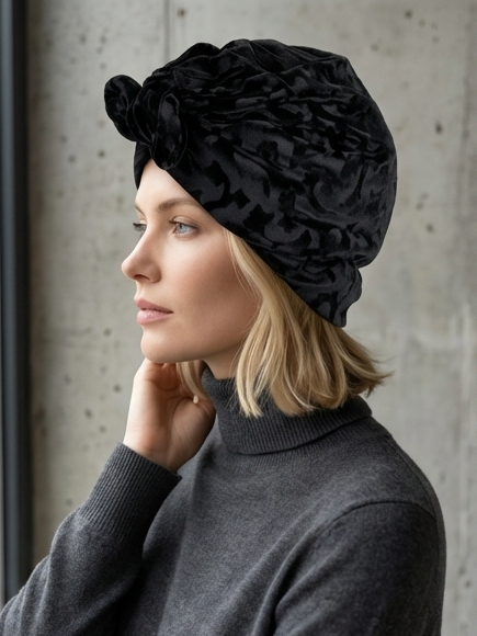 Midnight Black Embossed Velvet Knot Turban