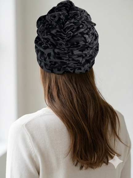 Midnight Black Embossed Velvet Knot Turban