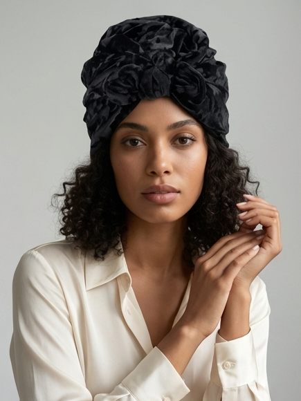 Midnight Black Embossed Velvet Knot Turban