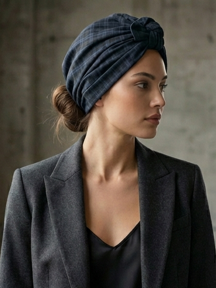 Navy & Black Tartan Reversible Women’s Turban