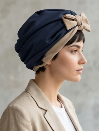 Navy Blue & Tan Reversible Knot Turban Headwrap
