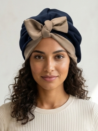 Navy Blue & Tan Reversible Knot Turban Headwrap