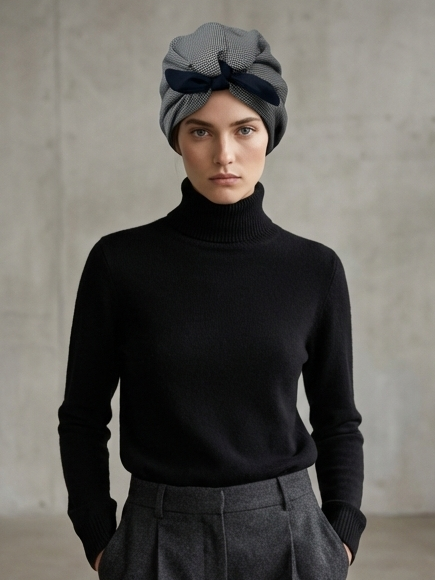 Silver & Black Dotted Women’s Turban with Dark Blue Bow