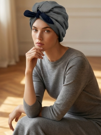 Silver & Black Dotted Women’s Turban with Dark Blue Bow
