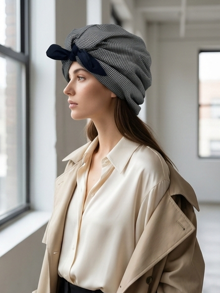 Silver & Black Dotted Women’s Turban with Dark Blue Bow