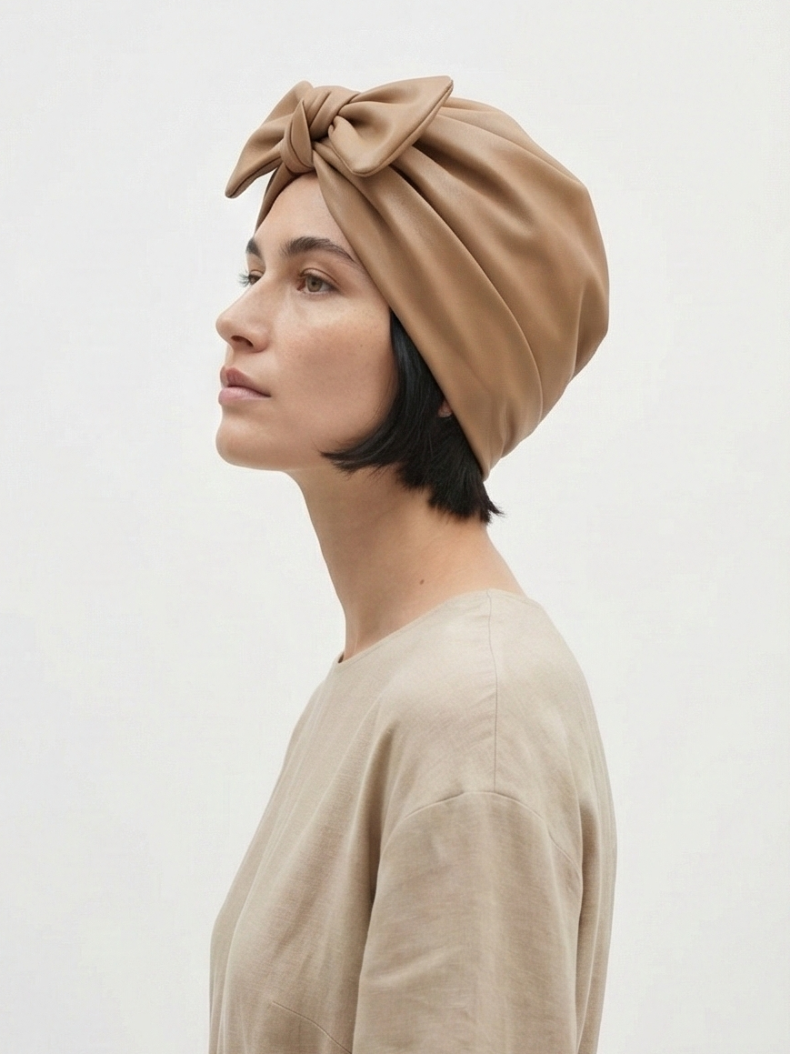 Sophisticated Tan Vegan Leather Reversible Turban with Interchangeable Bow