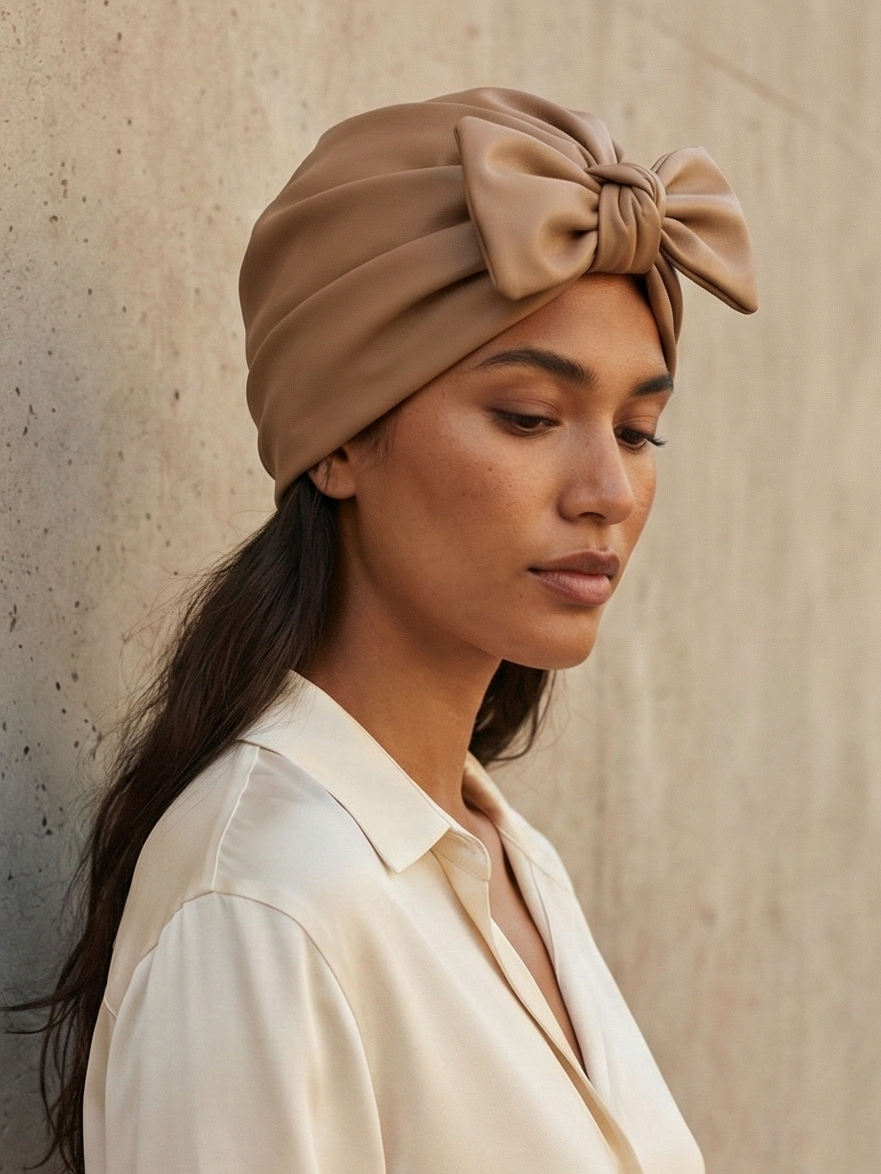 Sophisticated Tan Vegan Leather Reversible Turban with Interchangeable Bow