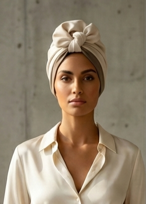 Woman wearing a beige headscarf against a concrete wall