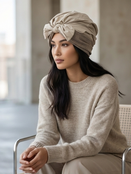 Woman wearing a beige turban and sweater sitting indoors.