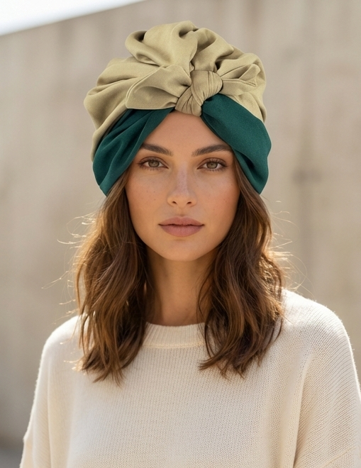 Women’s Reversible Two-Tone Stretch Turban – Adjustable Tie, Multi-Style Headwrap – Beige & Deep Green