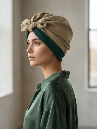 Women’s Reversible Two-Tone Stretch Turban – Adjustable Tie, Multi-Style Headwrap – Beige & Deep Green