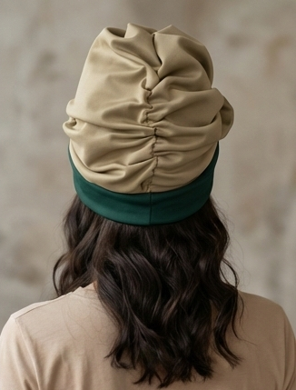 Women’s Reversible Two-Tone Stretch Turban – Adjustable Tie, Multi-Style Headwrap – Beige & Deep Green