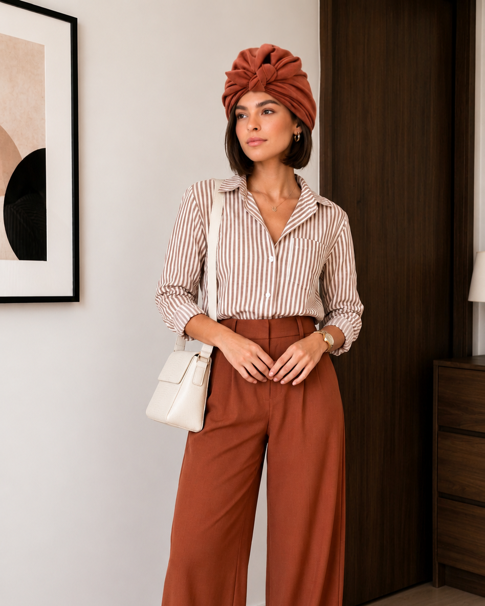 Terracotta knotted reversible turban headwrap, front view