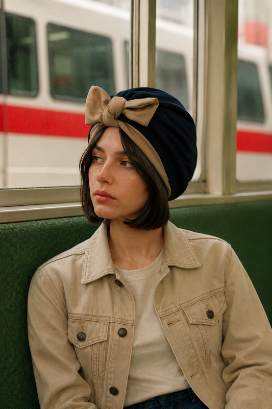 Navy and tan knot turban worn on the tan side